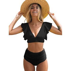 Womens Ruffle High Waist Swimsuit Two Pieces Push Up  (Black,Small), Size: S